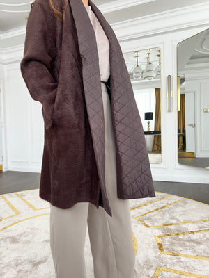 Open image in slideshow, Mock Fur Coat with Attached Quilted Scarf

